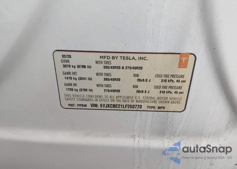 2020 Tesla Model X Long Range Dual Motor All-Wheel Drive/Long Range Plus Dual Motor All-Wheel Drive from USA, damaged, VIN 5YJXCBE21LF250770